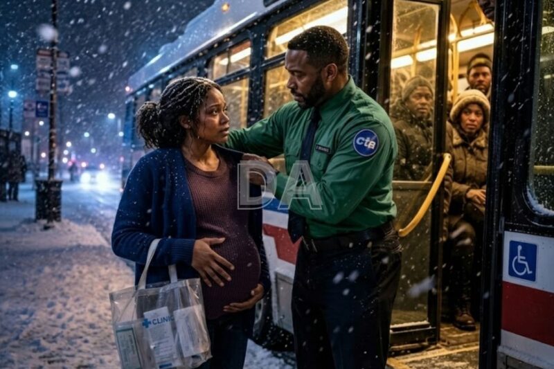 Ils ont fait descendre la femme enceinte du bus dans la neige. Le chauffeur a enlevé sa veste et a fait ceci.