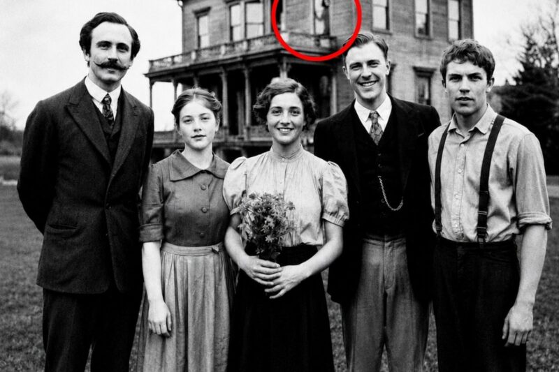 Nella foto del 1906, il gruppo sorride davanti alla casa, ma una figura saluta da dietro il vetro.