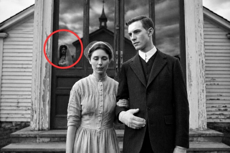 Nel 1906, la coppia sorride davanti alla chiesa, finché la porta a vetri non riflette un volto sconosciuto.