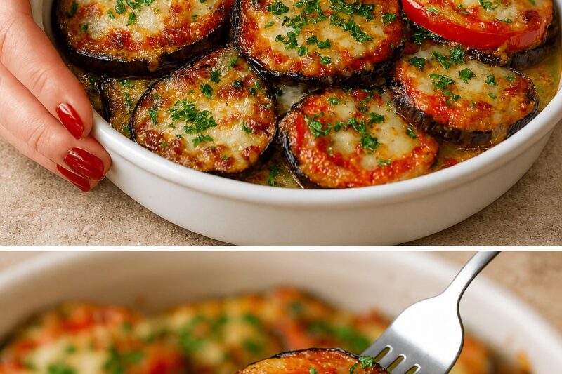 Aubergines à la paysanne : ma belle-mère m’en a apporté aujourd’hui, préparées avec des tomates cerises et du fromage provola (et elles étaient délicieuses) !