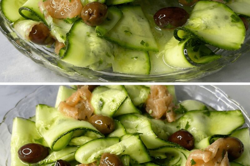 Salade de courgettes marinées au saumon et aux olives, la recette fraîche idéale pour perdre quelques kilos avec seulement 210 calories.