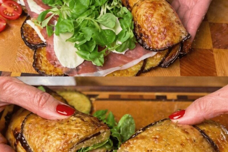 J’ai utilisé une aubergine à la place d’une piadina et je l’ai farcie de jambon et de mozzarella : ce n’est pas lourd, c’est délicieux pour le dîner !