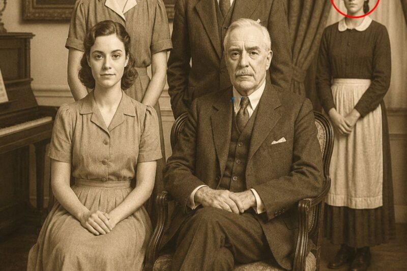 (Foto del 1945) La domestica appare sullo sfondo della ricca famiglia… e ciò che nascondeva cambiò tutto