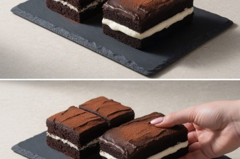 J’étais fatiguée, alors j’ai mélangé quelques ingrédients dans un bol et ces carrés moelleux au cacao fourrés à la crème ne contiennent que 180 kcal !